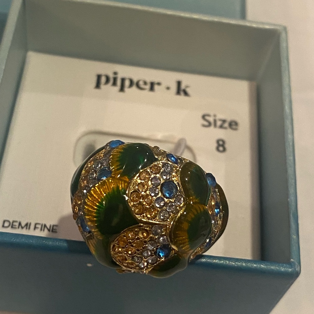 Piper K 14k gold plated dome ring peacock cluster glass stones statement ring
